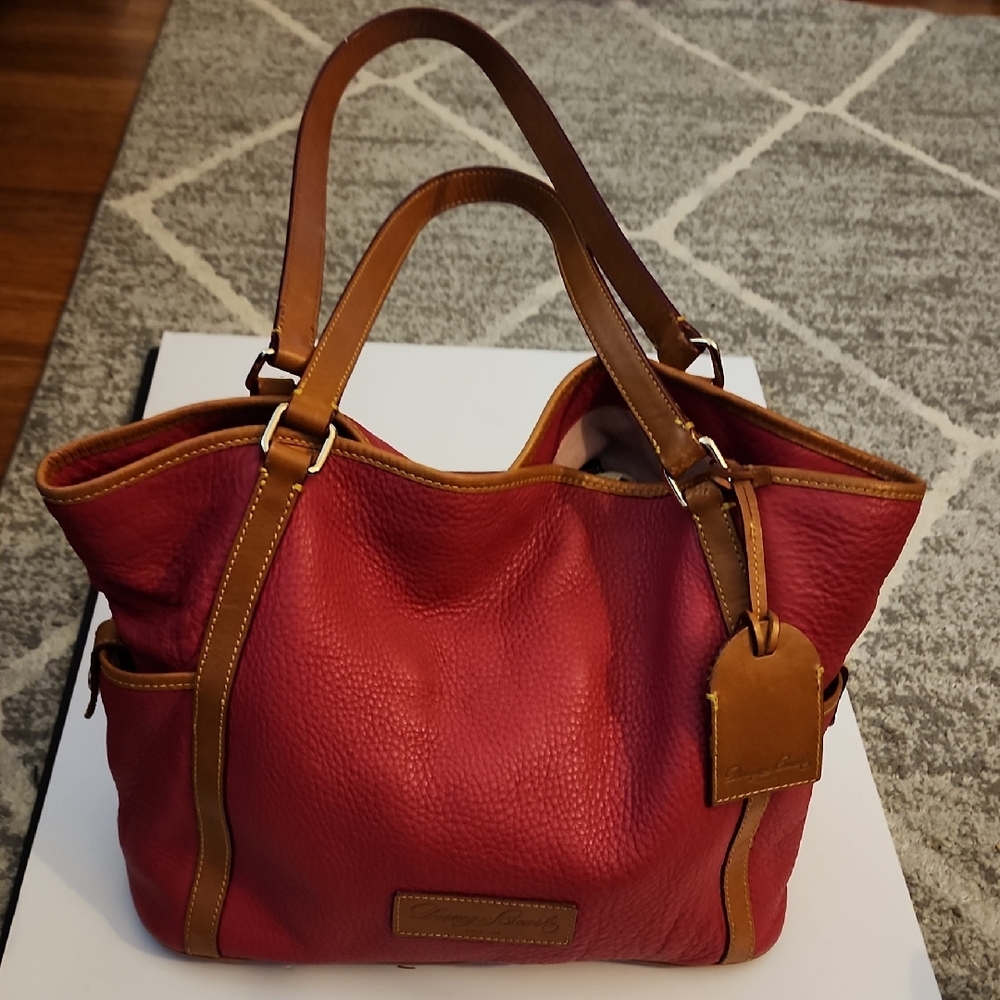 Dooney & Bourke Kristin Pebbled Leather Red Tote Bag with Tan Accents